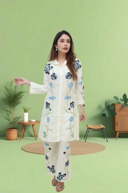 Blueish flowering on white