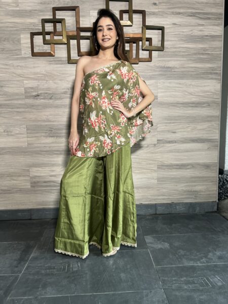 Olive Green Floral One-Shoulder Top with Palazzo Pants