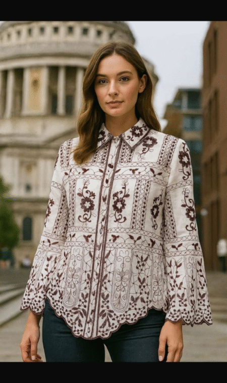 ivory & Maroon Embroidered Lace Shirt