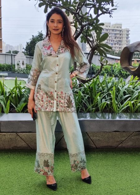 Powder Blue Floral Embroidered Co-Ord Set